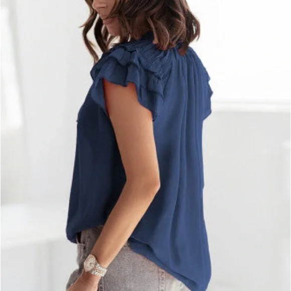 Women's Navy Ruffle Sleeve Top - Picture 2 of 4